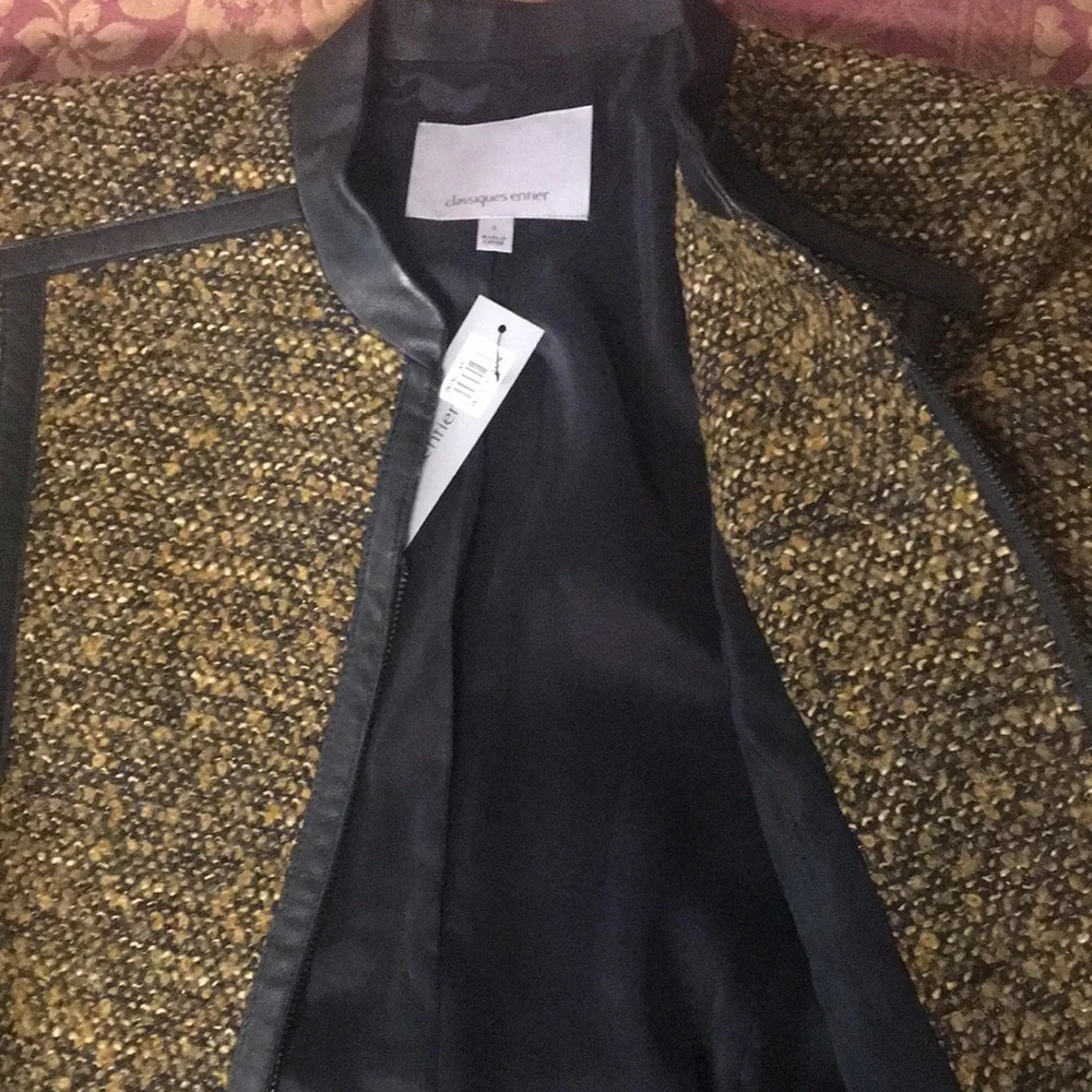 Classiques Entier Black/Brown Leather trim Wool tweed Jacket Size S NWT